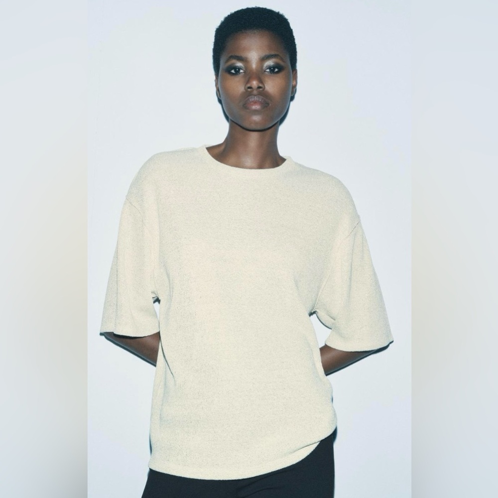 Zara Gold Metallic Threaded Rich Ivory SS Sweater | Crew Neck | M/L | NWT
